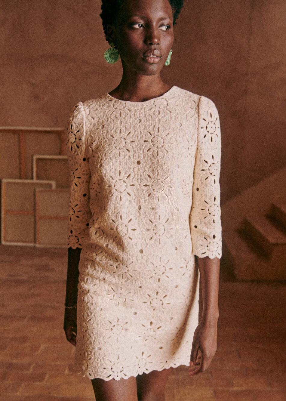 Sezane Krissy Dress Ecru Cotton Guipure Lace Shift Dress Size 34 US 2